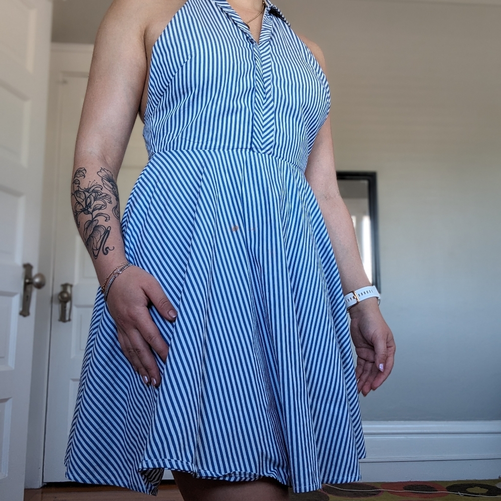 Akira Chicago blue and white pinstripe dress size small
